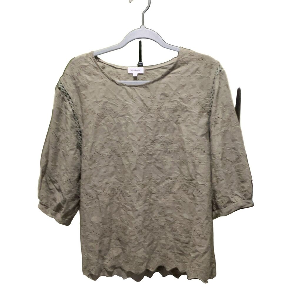 Kindred Embroidered Eyelet Blouse Women XL Olive Green 3/4 Puff Sleeve Tunic